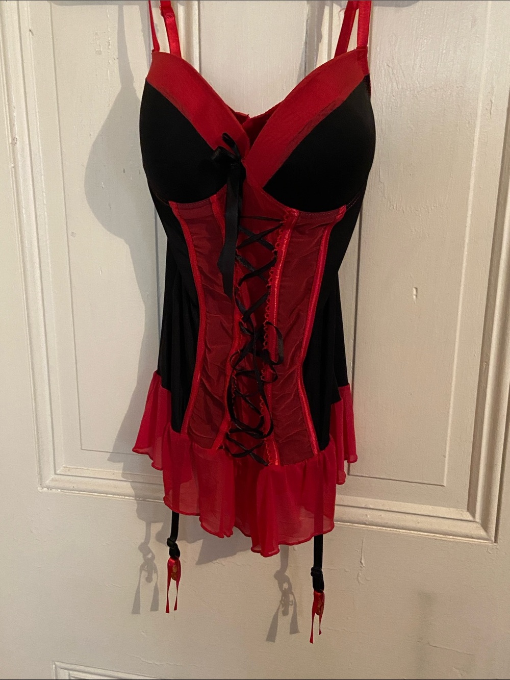 Red and Black Lace-Up Corset Chemise with Ruffled Hem